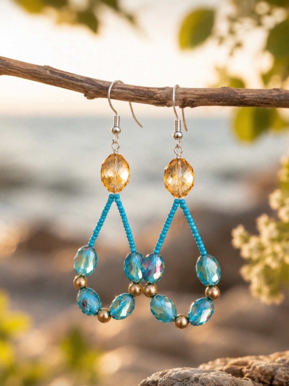 Handmade Turquoise & Amber Bead Drop Earrings